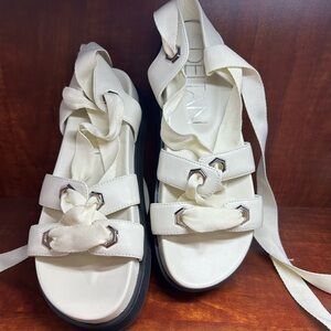 NEW Deltan Blake Women’s Ankle Wrap Platform Sandal with Wide Canvas Ribbon Lace